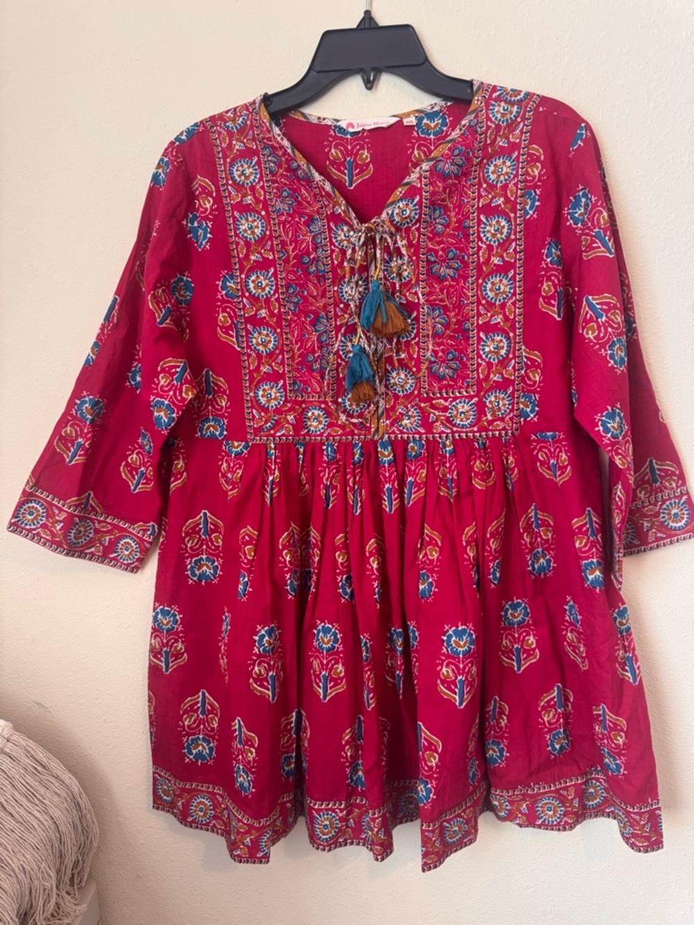 JAIPUR MORNI TUNIC, SIZE XXL, 3/4 SLEEVE & TASSELS KURTI PRINT BLOCK BOHO COTTON